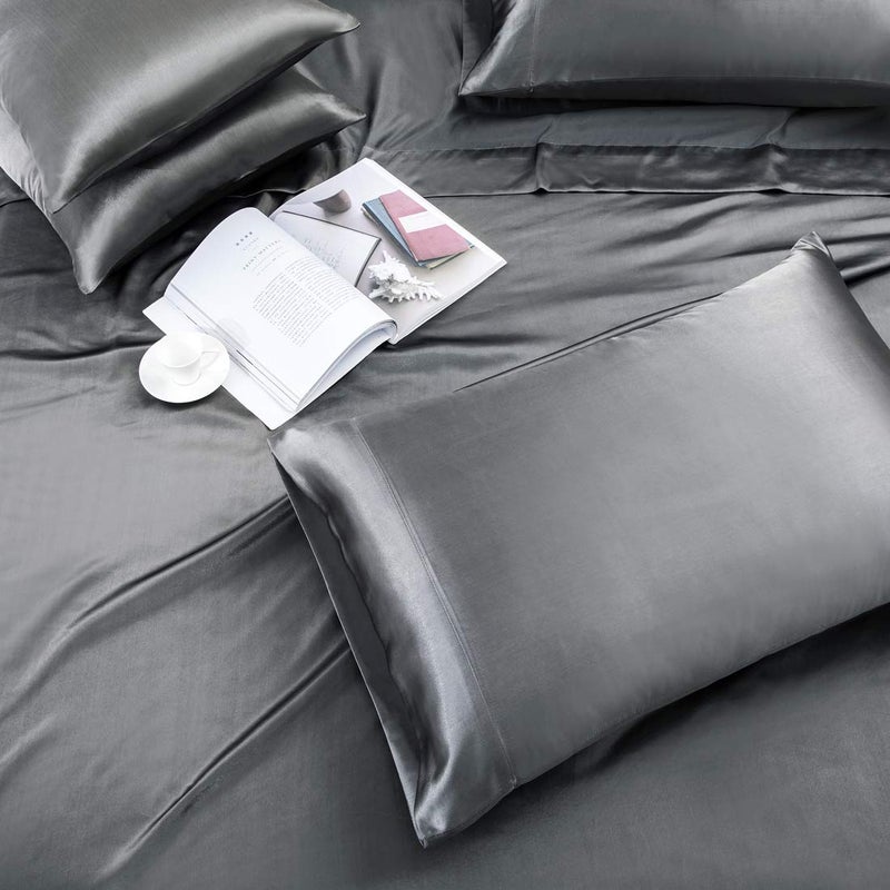 TREELY 6 Piece Satin Sheets King Size Set - Silky Smooth Grey With Deep Pocket, Fitted Sheet, Flat Sheet, 4 Pillowcases - Image 3